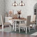 LUMISOL Round Dining Table Set for 4, Farmhouse Kitchen Table Set with Round Extendable Dining Table and 4 Upholstered Dining Chairs, Oak Natural Wood+Antique White