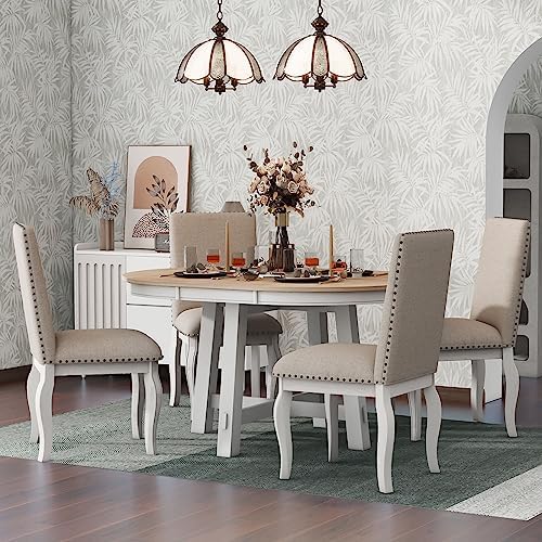LUMISOL Round Dining Table Set for 4, Farmhouse Kitchen Table Set with Round Extendable Dining Table and 4 Upholstered Dining Chairs, Oak Natural Wood+Antique White