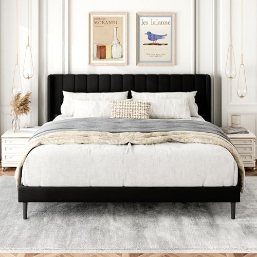 Gruwans King Size Bed Frame with Wingback Headboard, Upholstered Platform Bed, No Box Spring Needed, Sturdy Wooden Slat Support, Easy Assembly, Black