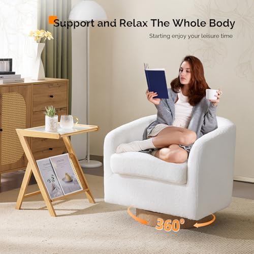 VINGLI 360°Swivel Accent Chair with Engineered Wood Base and Removable Cushion for Living Room, Bedroom, Curved Back Barrel Chair for Small Space, Upholstered Bucket Armchair, Teddy White