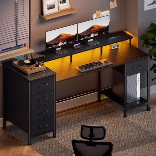 Korfile 55 Inch Gaming Desk with Power Outlets and LED Lights, Reversible Computer Desk with 5 Fabric Storage Drawers, Home Office Desk with Monitor Stand for Working Writing Study, Carbon Fiber Black