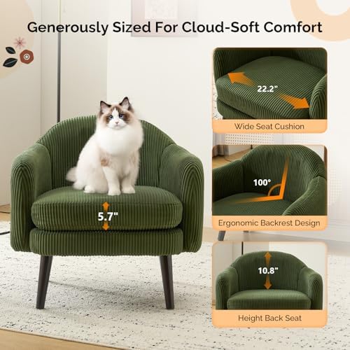 VINGLI 30.3" Wide Modern Barrel Accent Armchairs Set of 2 with Track Armrest, Solid Wooden Legs, Comfy Upholstered Club Chairs, Single Home Sofa for Living Room, Bedroom, Reading Room, Corduroy Green