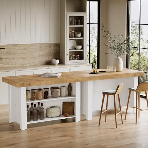 LITTLE TREE 55 Inches Kitchen Island with Storage, 3-Tier Farmhouse Stationary Island Table with Large Worktop & Leg Room, Modern Coffee Bar Table with Storage Shelf for Kitchen, Oak & White