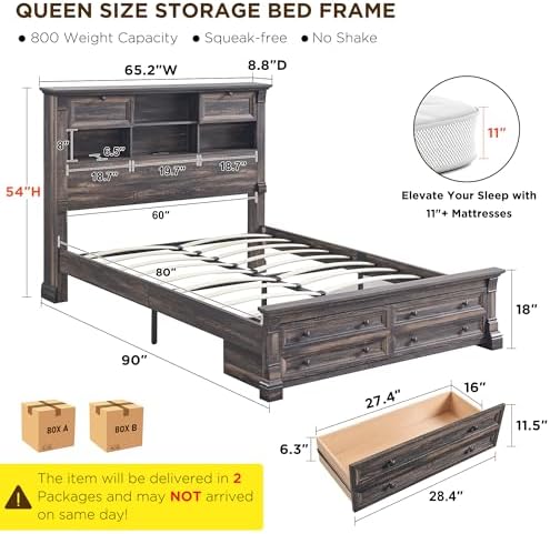 Queen Size Bed Frame with 54" Tall Headboard with 4 Storage Rack, 2 Drawers