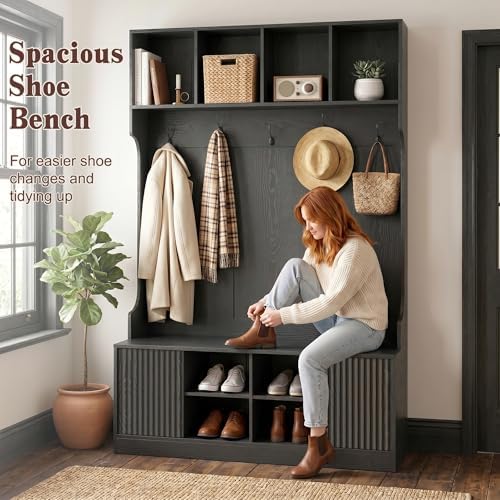 5-in-1 Hall Tree with Bench and Shoe Storage with LED Sensor Light, Black丨Entryway Coat Rack with Hooks and Storage Cubes, Shoe Cabinet with Fluted Door, Modern Hall Tree for Entryway, Living Room