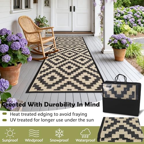 SAND MINE Reversible Mats, Plastic Straw Rug, Modern Area Rug, Large Floor Mat and Rug for Outdoors, RV, Patio, Backyard, Deck, Picnic, Beach, Trailer, Camping (2.5' x 8', Black & Beige Lattice)