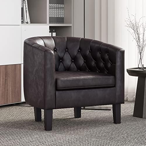 BELLEZE Brown Accent Chairs for Living Room, Elegant Arm Chair Upholstered Tufted Barrel Chair Club Chair for Bedroom with Sturdy Legs and Faux Leather - Berlinda (Brown)
