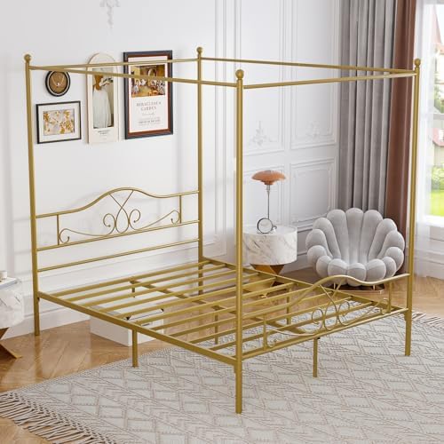 Queen Canopy Bed Frame with 4 Posters, Queen Size Bed for Girls Adults