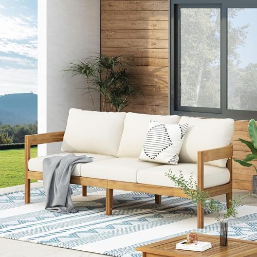 76.5 Inch Outdoor Acacia Wood 3-Seater Patio Sofa with Beige Cushions Curved Tuxedo Design Weather-Resistant Garden Backyard Couch, Teak