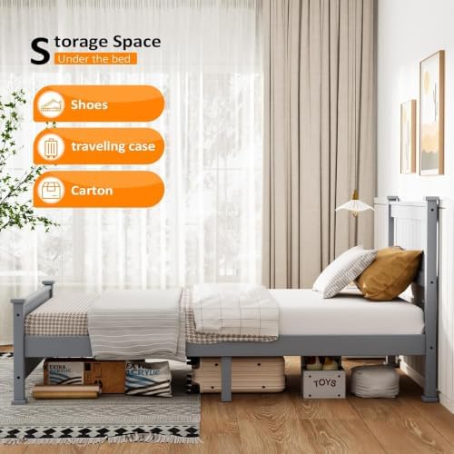 Bonnlo Twin Size Solid Wood Platform Bed Frame Kids Bed, Single Bed with Headboard, No Box Spring Needed Panel Bed, Wood Slat Support Mattress Foundation, Gray