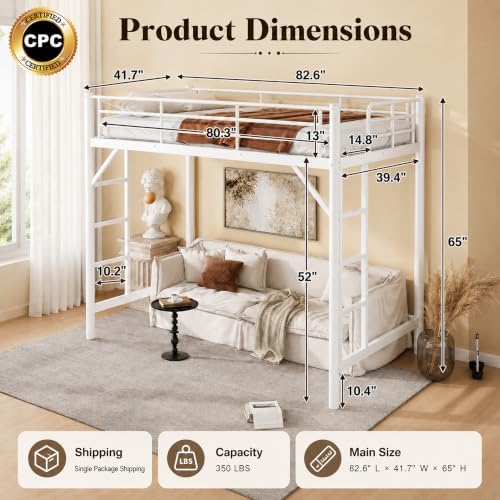 Bellemave Twin XL Loft Bed Frame, Metal Round Pipe, Dual Ladders, White