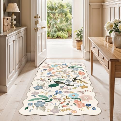 Washable 2x4 Entryway Area Rugs: Vintage Water Resistant Kitchen Rug Non-Slip Durable Doormat Ultra Soft Living Room Bedroom Carpet Indoor Low Pile Floor Mat for Bathroom Dining Room(2x4,Cream)