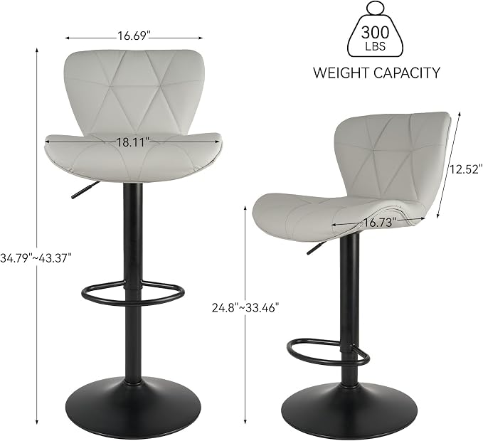 Nalupatio Modern Bar Stools Set of 4, Adjustable Faux Leather Upholstered Swivel Bar Stools, Counter Height Bar Chairs with Back for Kitchen Island, Light Grey