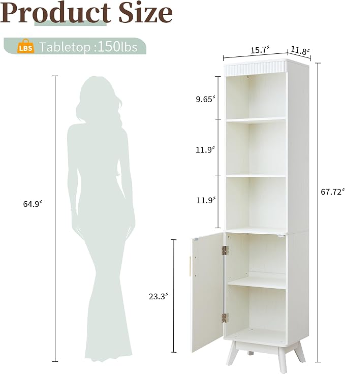 Bifins 68" Tall Bathroom Storage Cabinet,Narrow Fluted Tower Cabinet with Door and Shelves,Slim Space Saving Storage Unit for Bathroom Kitchen Living Room (White, 11.8" D x 15.75" W x 68" H) | Narrow,Fluted Door,Adjustable Shelf,5 Tier,Next to Toilet,N...