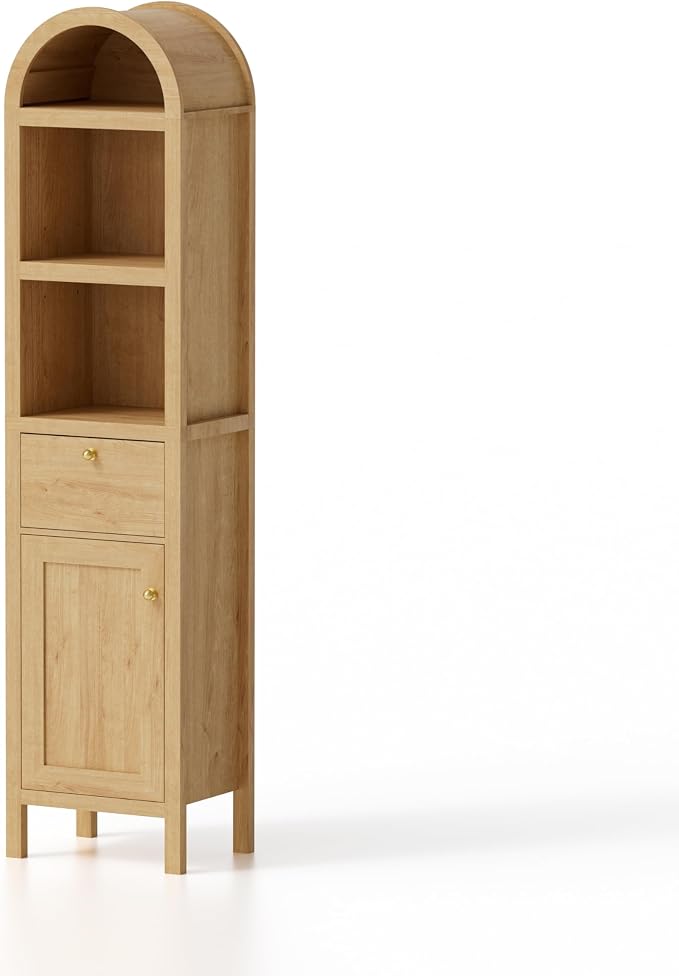 EYYTHUNG 67" Tall Arched Bathroom Narrow Storage Cabinet with Adjustable Shelf, Farmhouse Freestanding Tower Cabinet with Door and Drawer, Space Saving Organizer for Kitchen, Living Room, Natural Oak