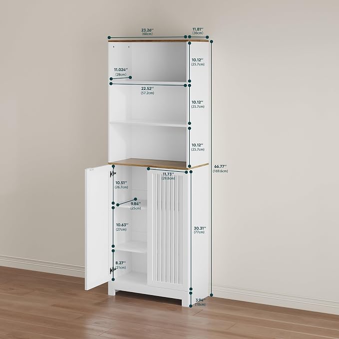Bathroom Storage Cabinet - 67" Freestanding Tall Cabinet with Slatted Doors and Open Shelves, Adjustable Shelves, White Bathroom Organizer for Small Spaces, Bathroom Linen Tower with Closed Storage