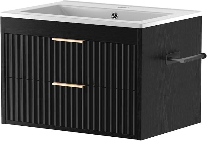 30 Inch Floating Bathroom Vanity with Sink & Towel Holder, Fluted Wall Mounted Vanity Cabinet, Modern Bathroom Combo with LED Light, Metal Handle & Double Soft-Closing Drawers, Black