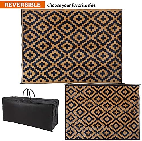 SAND MINE Reversible Mats, Plastic Straw Rug, Modern Area Rug, Large Floor Mat and Rug for Outdoors, RV, Patio, Backyard, Deck, Picnic, Beach, Trailer, Camping, Black & Brown, 9' x 12'