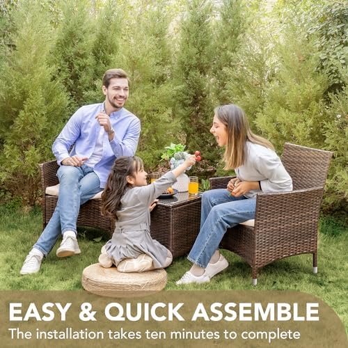 Devoko 3 Piece Patio Furniture Set Outdoor Wicker Conversation (Brown)