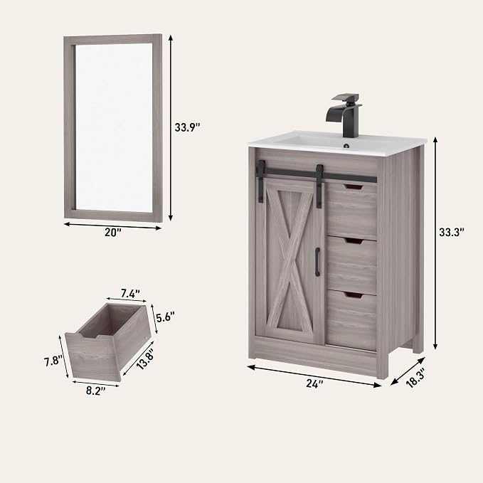 chartustriable 24 Inch Bathroom Vanity with Sink & Faucet & Mirror, Farmhouse Bathroom Vanity Cabinet Set with Sliding Barn Door & Drawers, Small Single Bath Storage Vanity Sink, Grey