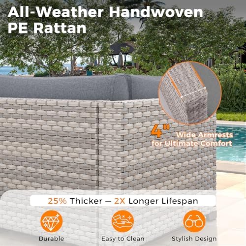 12-Seat Modern Outdoor Wicker Rattan Patio Furniture Set with 55,000 BTU Fire Pit Table, Thick 4″ Cushions, All-Weather Dual-Strand Rattan, Rust-Resistant Steel Frame,Gray