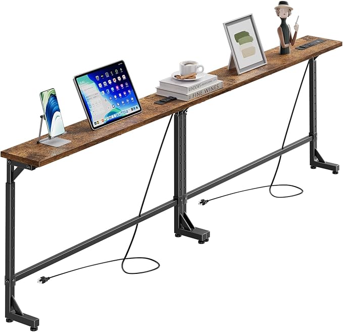 Simple Trending 78.75” Console Table, Narrow Behind Couch Table, Adjustable Sofa Tables with Outlet, for Living Room, Rustic Brown