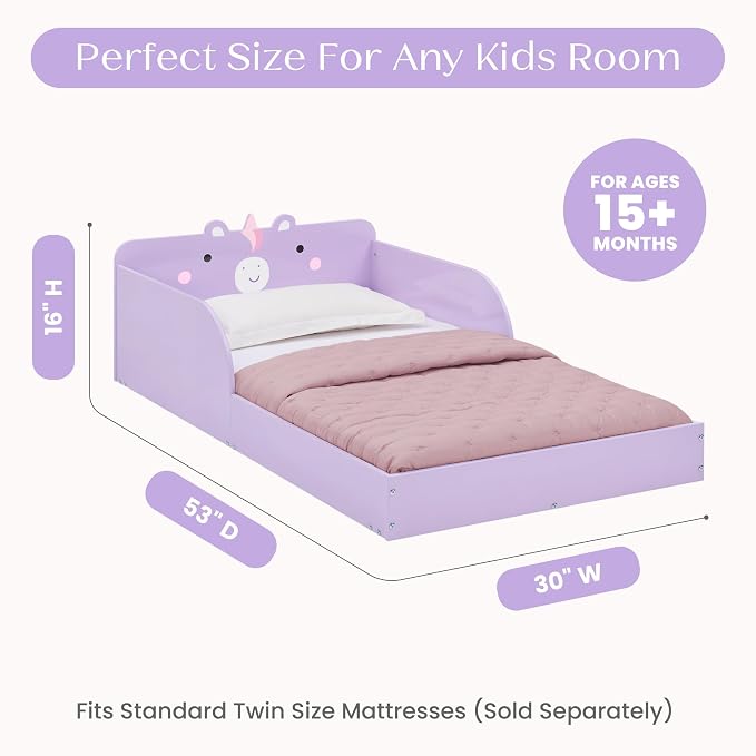 Delta Children Unicorn Wood Floor Toddler Bed with Reusable Stickers, Purple
