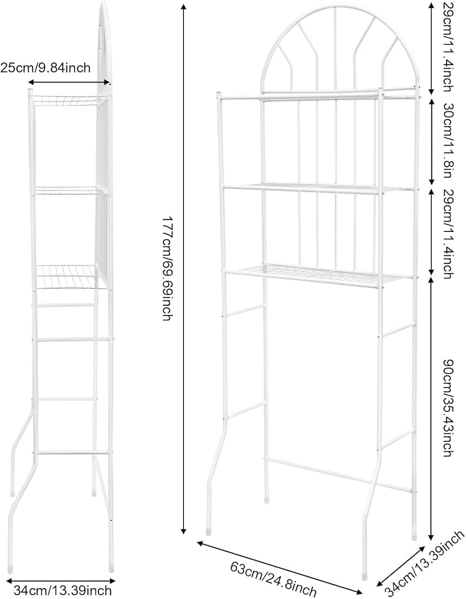 3-Tier Over The Toilet Storage Rack, Space Saver Metal Bathroom Shelves, Freestanding Over Toilet Bathroom Organizer for Bathroom/Living Room (White)