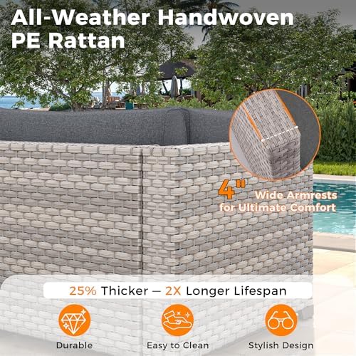 14-Seat Outdoor Wicker Patio Furniture Set with Fire Pit Table, Modular Rattan Sectional Sofa & 2 Swivel Rocking Chairs, 4" Thick Cushions, Rust-Resistant Frame,Black