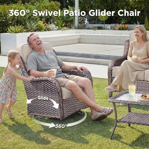 Luxury Wicker Patio Furniture Set-High Back Outdoor Swivel Chairs Set of 2 with 6" Thick Cushions Wide Armrest All Weather Patio Conversation Sets for Deck Porch Balcony(Brown/Beige)