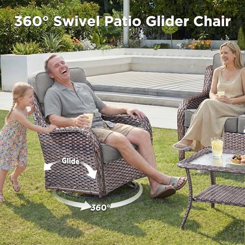 Luxury 8 Pieces Outdoor Patio Furniture Set-All Weather Wicker Swivel Rocker Patio Chairs with 6" Thick Cushion Rattan Sofa Coffee Table, Outdoor Conversation for Garden Porch Backyard(Brown/Grey)