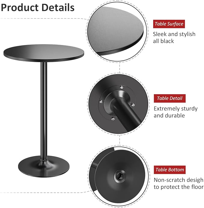 Furmax Bistro Pub Table 2 Pack Round Bar Height Cocktail Table Metal Base MDF Top Obsidian with Black Leg 23.8-Inch Top, 39.5-Inch Height (Black)