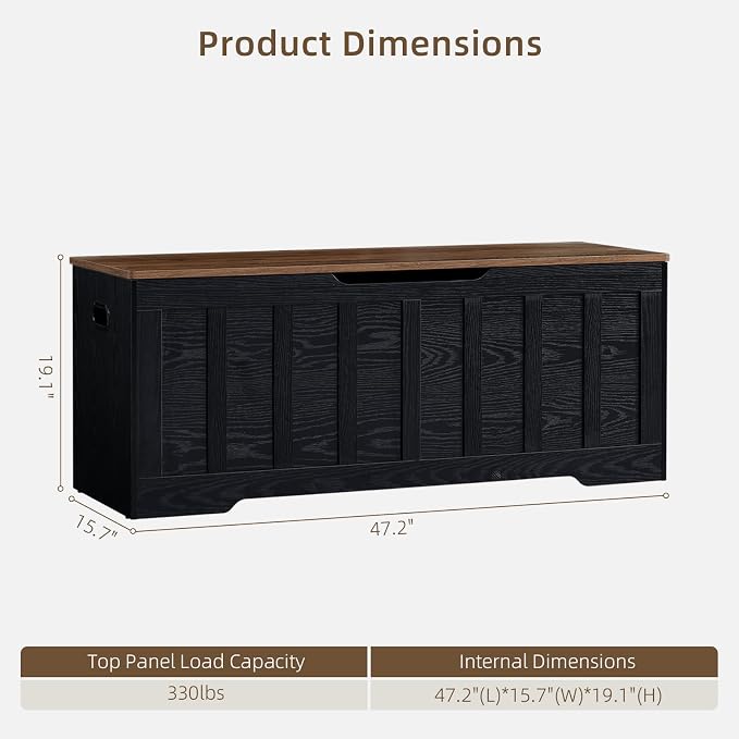 VANKILEY 47.2" Storage Chest Extra Large, Storage Bench.(Black+Brown)