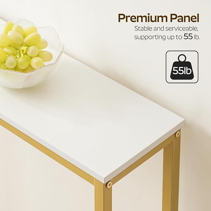 YATINEY Narrow Console Table, 2-Tier Small Sofa Table, 29.5" Thin Entryway Behind Couch Table with Shelves, Industrial Hallway Table, for Living Room, Foyer, White and Gold CT03DW