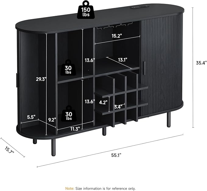 ONBRILL 55" Fluted Wine Bar Cabinet with LED Light Black