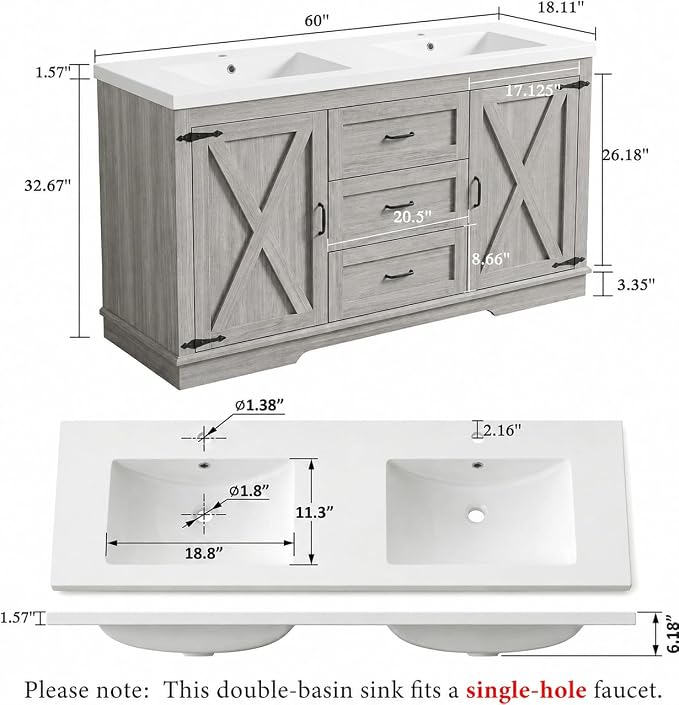 Cushore Double Sink Bathroom Vanity, 60 Inch Bathroom Vanity Double Sink with 2 Farmhouse Barn Doors & 3 Drawers, Dual Rounded Basins, Bathroom Vanity Sink Cabinet, Gray