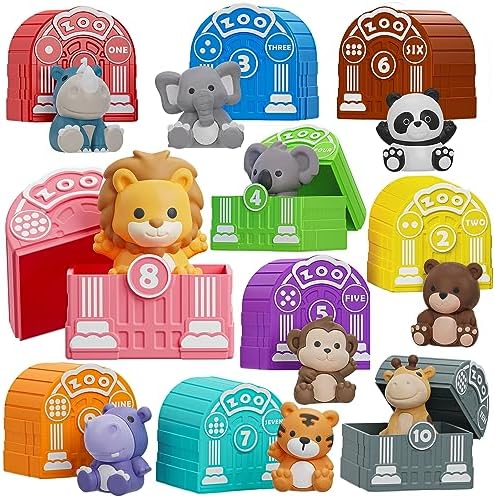 Learning Toy for Toddlers 1 2 3 Year Old, Montessori Educational Counting, Matching & Sorting Sensory Toys, 10 Safari Animals & 10 Zoos, Birthday Easter Gift for Baby Boy Girl Age 12-18 Months