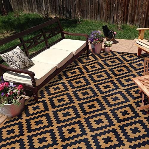 SAND MINE Reversible Mats, Plastic Straw Rug, Modern Area Rug, Large Floor Mat and Rug for Outdoors, RV, Patio, Backyard, Deck, Picnic, Beach, Trailer, Camping, Black & Brown, 9' x 18'