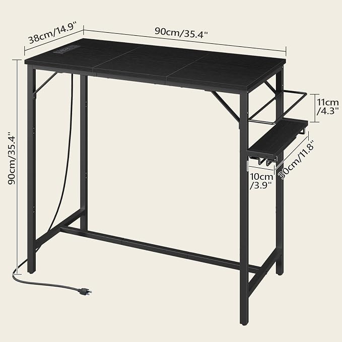 MAHANCRIS Bar Table, 35.4-Inch Counter Height Pub Table with Charging Station, Rectangular Dining Table with Wine Rack and Glass Holder, High Top Cocktail Tables, for Kitchen, Black（Only Table）