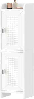Akxomel Rattan Small Bathroom Cabinet Narrow Toilet Paper Organizer White | 7.9''D x 7.9''W Bathroom Organizer and Storage Cabinet for Small Space, Slim Corner Unit with Adjustable Shelf