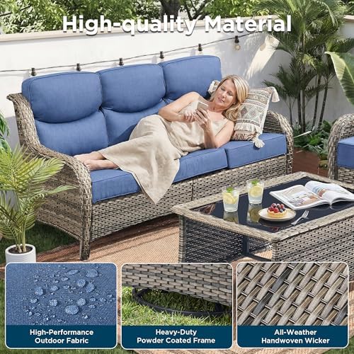 Luxury 8 Pieces Outdoor Patio Furniture Set-All Weather Wicker Swivel Rocker Patio Chairs with 6" Thick Cushion Rattan Sofa Coffee Table, Outdoor Conversation for Garden Porch Backyard(Grey/Blue)