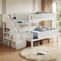 LUMISOL Full XL Over Queen Bunk Bed with Stairs, Solid Wood Bunk Bed Frame with LED Light and Bookshelf, White