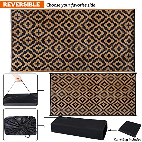 SAND MINE Reversible Mats, Plastic Straw Rug, Modern Area Rug, Large Floor Mat and Rug for Outdoors, RV, Patio, Backyard, Deck, Picnic, Beach, Trailer, Camping, Black & Brown, 9' x 18'