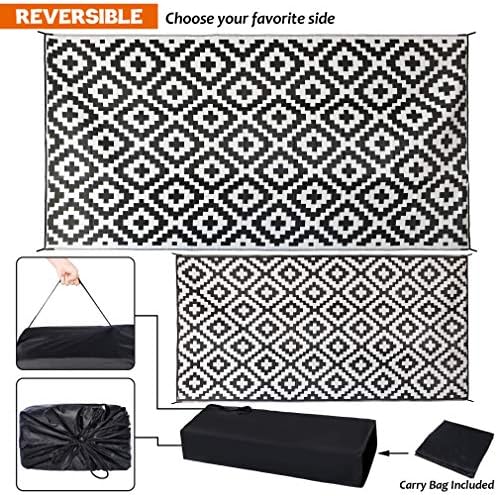 SAND MINE Waterproof Outdoor Rug 9x18 ft, Plastic Straw Rug, Modern Area Rug, Large Floor Mat, RV, Patio, Backyard, Deck, Picnic, Beach, Trailer, Camping (9' x 18', Black & White Lattice)
