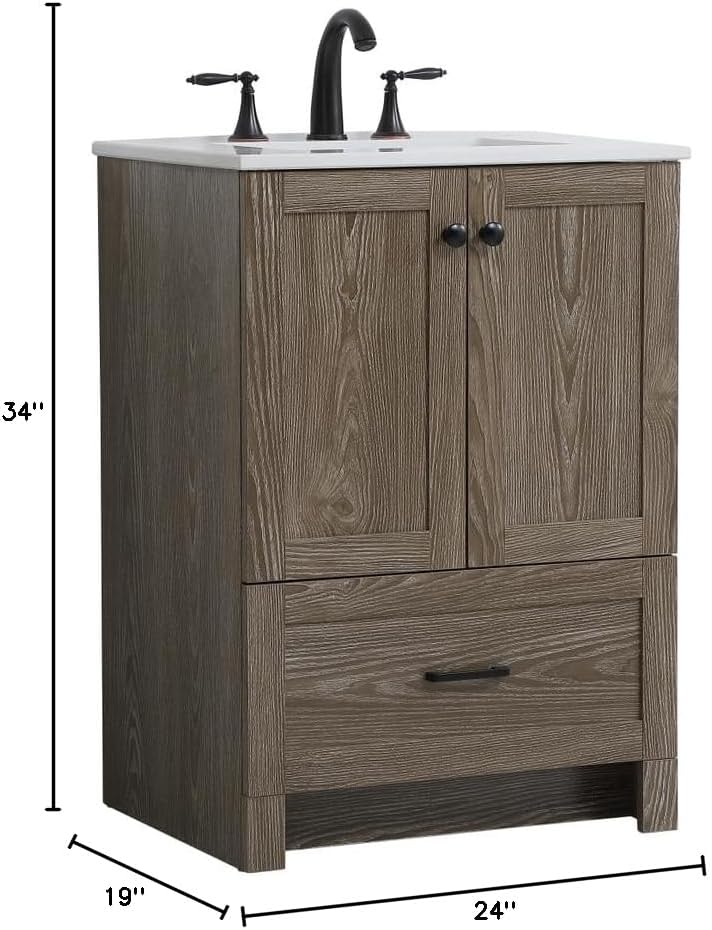 24" Pre-Assembled Bathroom Vanity with Sink, Engineered Wood, Ivory White Engineered Marble Countertop Attached, Single Rectangle Porcelain Sink, 1 Soft-Close Drawers, Weathered Oak