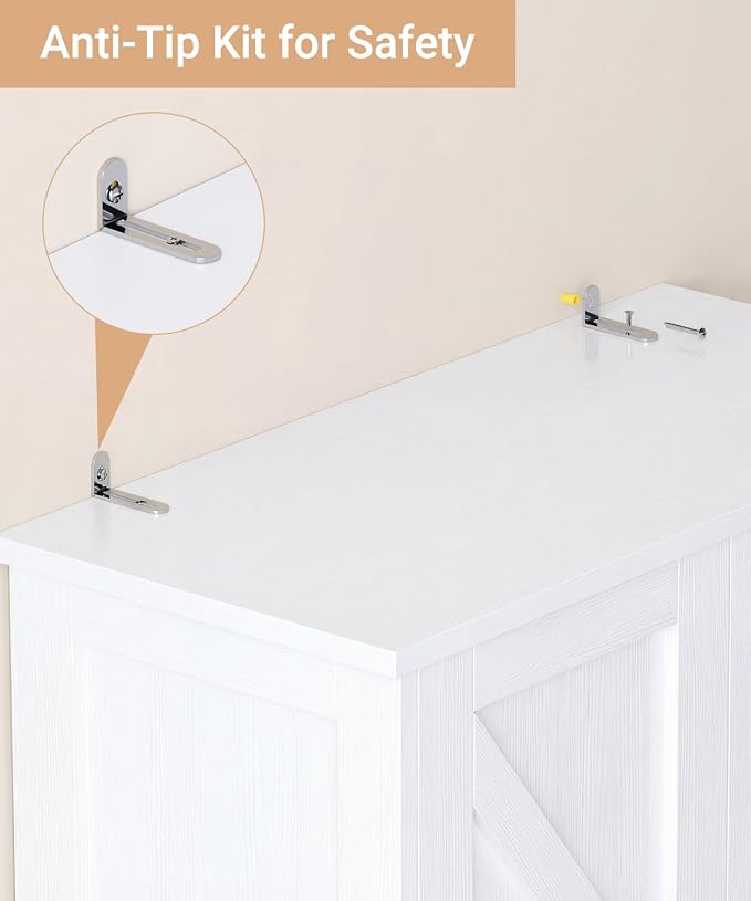 Akxomel 63''H Tall Farmhouse Bathroom Storage Cabinet with 4 Doors White | Floor Storage Cabinet with Barn Doors, Adjustable Shelf, Pantry Cabinet for Kitchen, Laundry Room, Living Room, Entryway