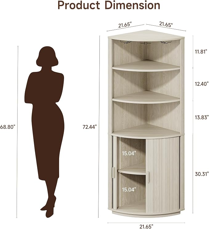 ONBRILL 72" Tall Corner Bar Cabinet with LED Light, Liquor Cabinets, White