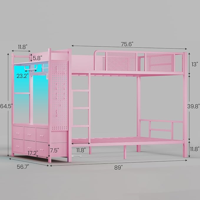 Itaar Metal Bunk Bed Full Over Full with Hall Tree, Power Outlet, LED Bunk Bed with 6 Storage Drawers, Bed with 13‘’ Safety Guardrail & Ladders for Kids and Teen, 400lb Weight Capacity, Pink