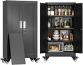 47" Metal Garage Storage Locker Cabinet with Wheels,Rolling Black Kitchen Pantry Cabinet with 2 Doors and 3 Adjustable Shelves, Steel File Tool Cabinet for Home Office Living Dinning Room Warehouse