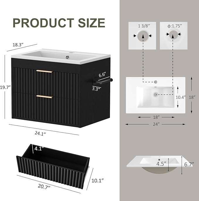24 Inch Floating Bathroom Vanity with Sink & Towel Holder, Fluted Wall Mounted Vanity Cabinet for Small Bathroom, Modern Combo with LED Light, Metal Handle & Soft-Closing Drawers, Black